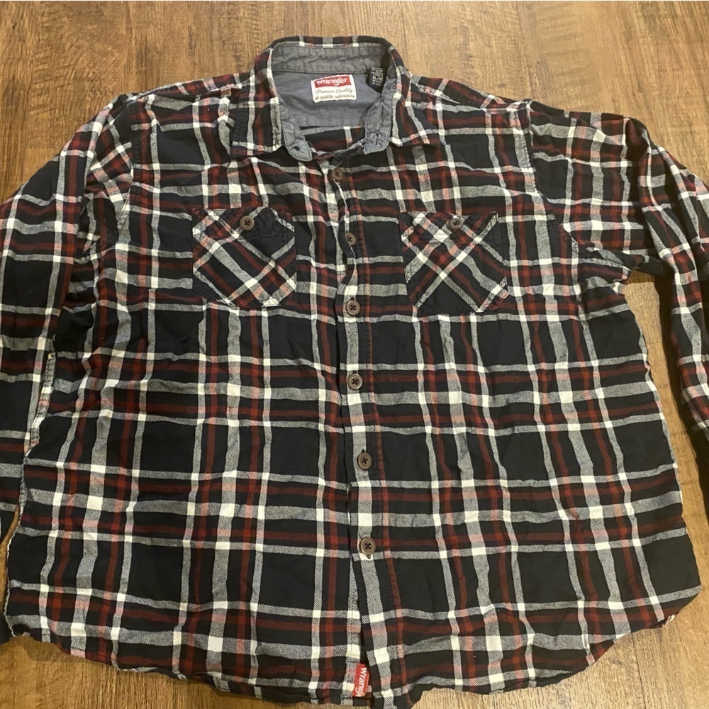 Wrangler Premium Quality Black Red Plaid Flannel Shirt XL Chambray Trim